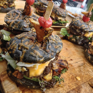 VooDoo Bash Burger presented on a Euro-Bake Charcoal Bun